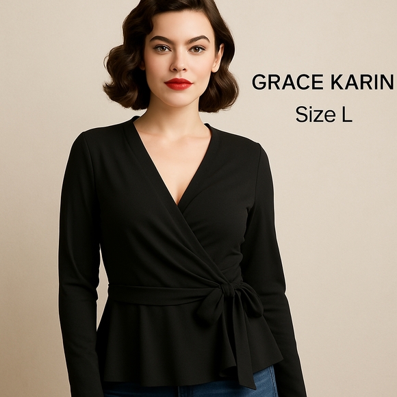 Grace Karin Tops Nwt Grace Karin Black Wrap Vneck Blouse Size Large Grace Karin Tops Nwt Grace Karin Black Wrap Vneck Blouse Size Large